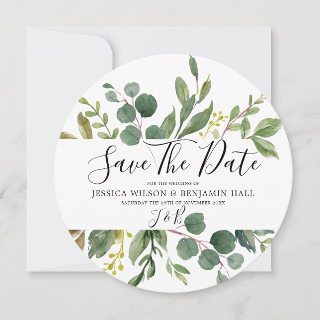 Save The Date Mariage Moderne Feuilles Vertes Aquarelle (Devant)