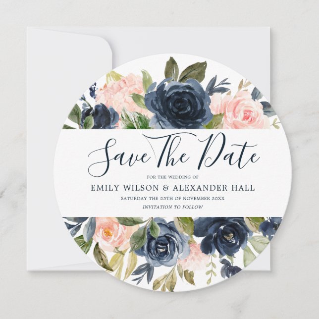 Save The Date Mariage Moderne Florales Aquarelle Rose et Nuit (Devant)