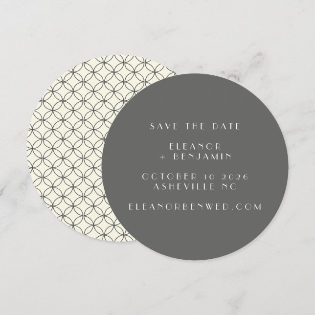 Save The Date Mariage Moderne Géométrique Rond Crème Charbon (Devant / Derrière)
