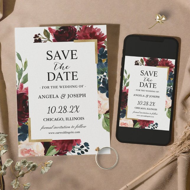 Save The Date Mariage Moderne Glamour Floral Rouge Bourgogne Ble (Créateur téléchargé)