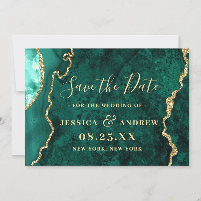 Save The Date Mariage moderne Golden Green Agate Marbre (Devant)