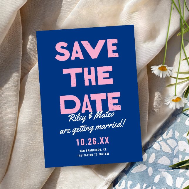 Save The Date Mariage Moderne Gras Couleur Funky Bleu Rose (Créateur téléchargé)