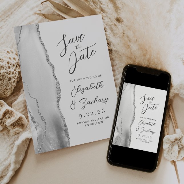Save The Date Mariage Moderne Gris Agate Blanc Argent Script (Créateur téléchargé)
