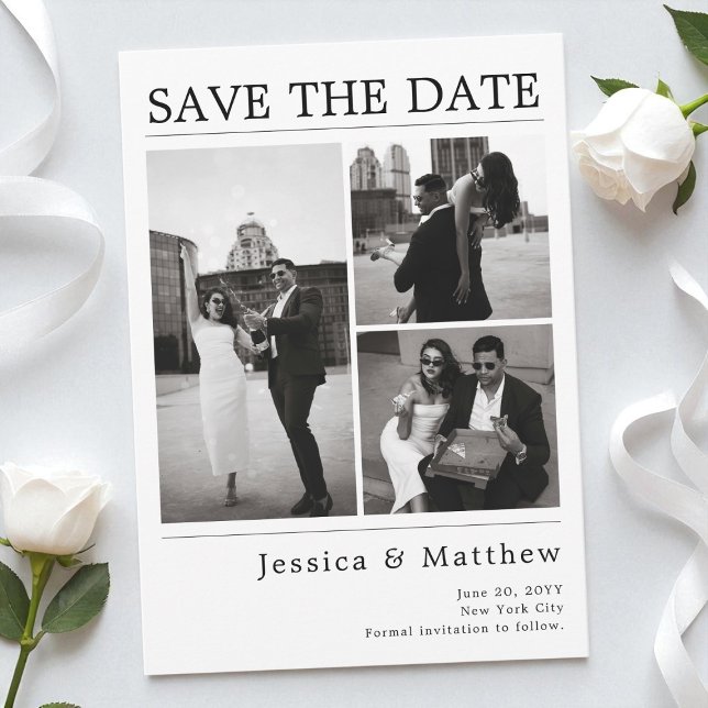 Save The Date Mariage Moderne Journal Photo Noir et Blanc (Modern Black and White Photo Newspaper Wedding Save The Date)