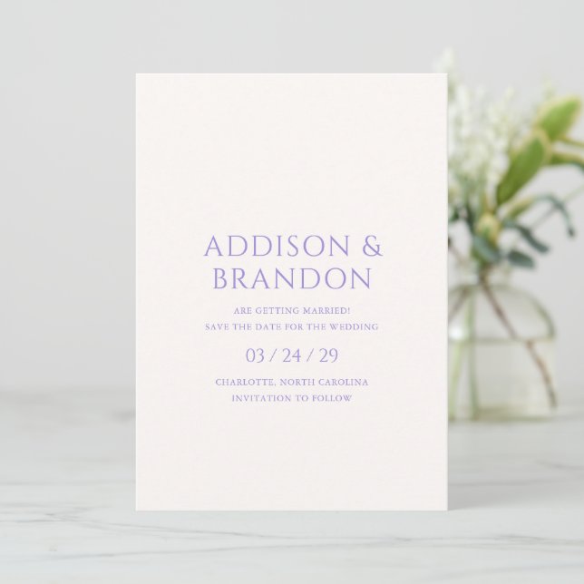 Save The Date Mariage moderne lilas élégant (Debout devant)