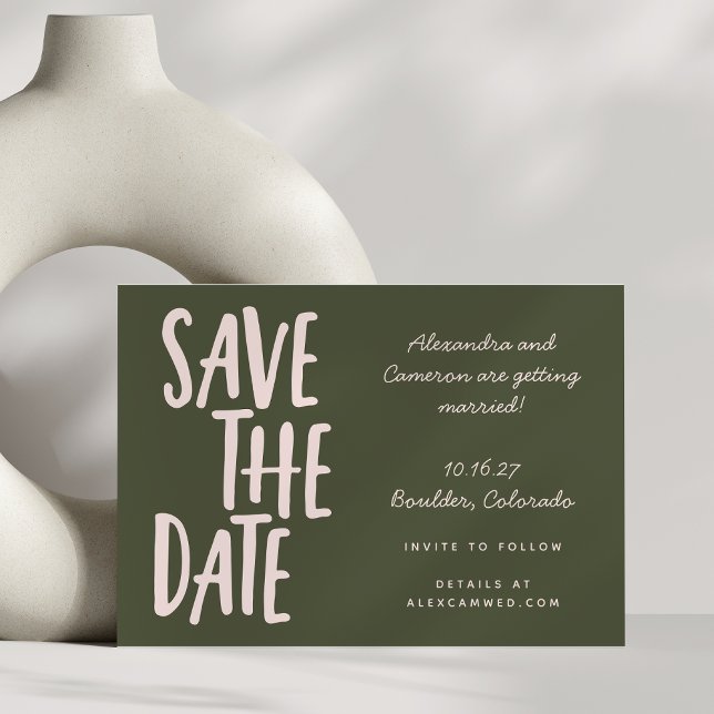 Save The Date Mariage Moderne Manuscrit avec Rose et Fond Vert O (Créateur téléchargé)