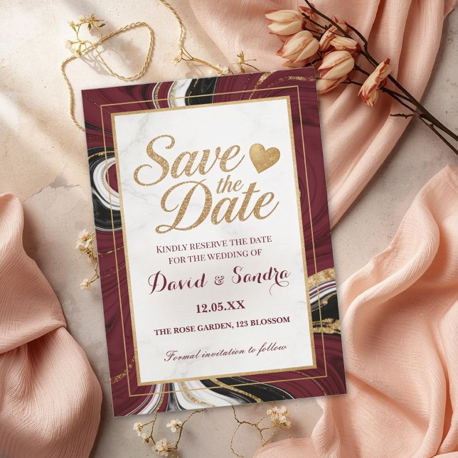 Save The Date Mariage Moderne Marbre Agate Or Bourgogne Élégant (Créateur téléchargé)