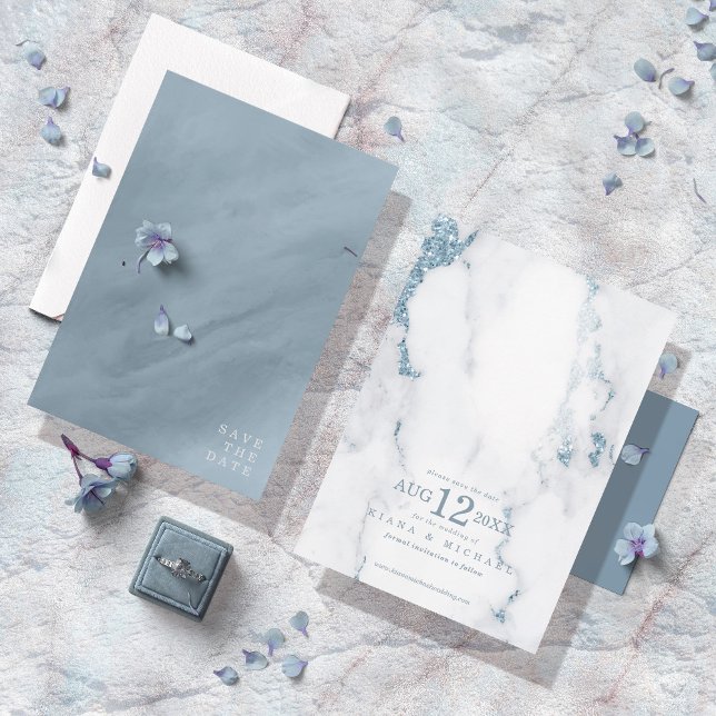 Save The Date Mariage Moderne Marbre Pailletté Bleu Poussière ID (Créateur téléchargé)