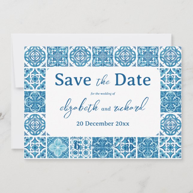 Save The Date Mariage moderne méditerranéen citron bleu carreaux (Devant)