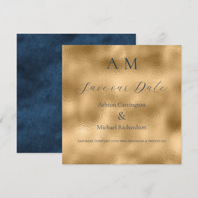 Save The Date Mariage Moderne Monogramme Or Bleu  (Devant / Derrière)