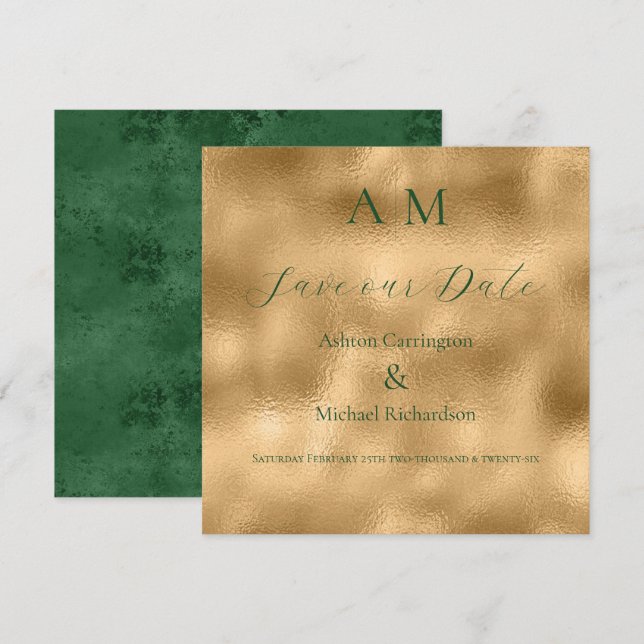 Save The Date Mariage Moderne Monogramme Or Vert  (Devant / Derrière)