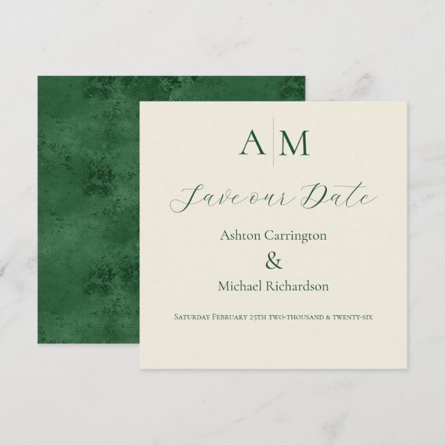Save The Date Mariage Moderne Monogramme Vert  (Devant / Derrière)