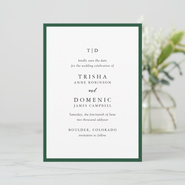 Save The Date Mariage Moderne Monogramme Vert Émeraude Élégant (Debout devant)