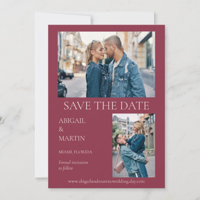 Save The Date Mariage Moderne Mulberry Bordeaux 2 Photos  (Devant)