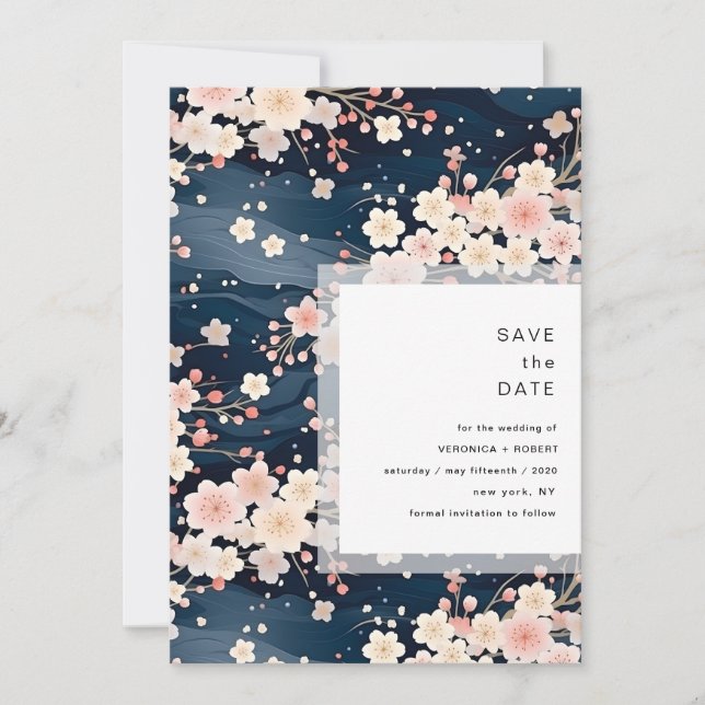Save The Date Mariage Moderne Navy Vagues Fleur de Cerisier (Devant)