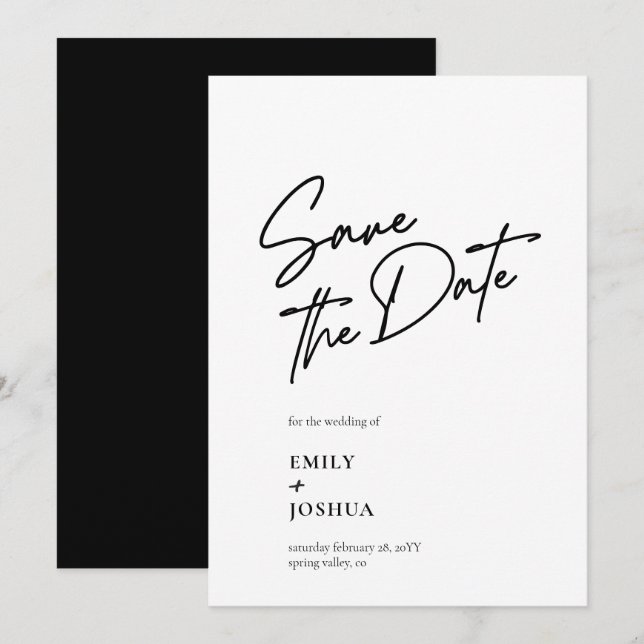 Save The Date Mariage Moderne Noir Blanc Écriture Casual (Devant / Derrière)