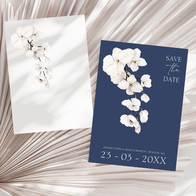 Save The Date Mariage Moderne Orchidée Blanche Bleu Nuit (Modern Navy Blue White Orchids Flowers Wedding Save The Date)