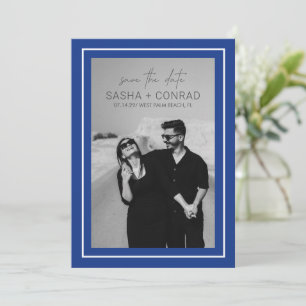 Save The Date Mariage Moderne Photo Bordure Gras Bleu Saphir