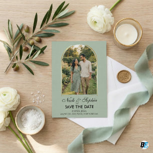Save The Date Mariage Moderne Photo d'Arche Vert Sauge & Or