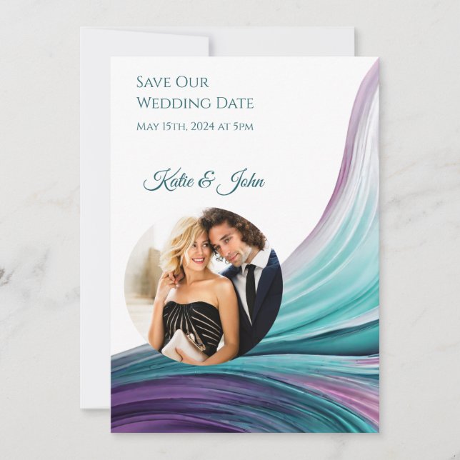 Save The Date Mariage moderne -Photo-Purple et Turquoise- (Devant)