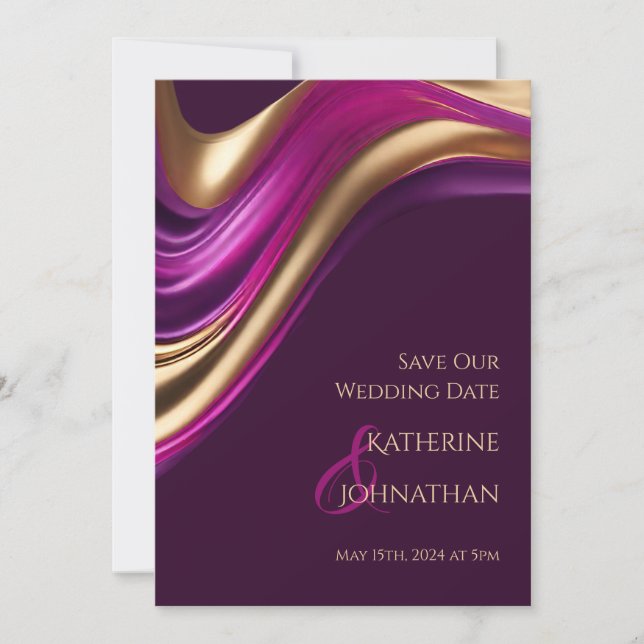 Save The Date Mariage moderne -Photo violet Fuchsia et or- (Devant)