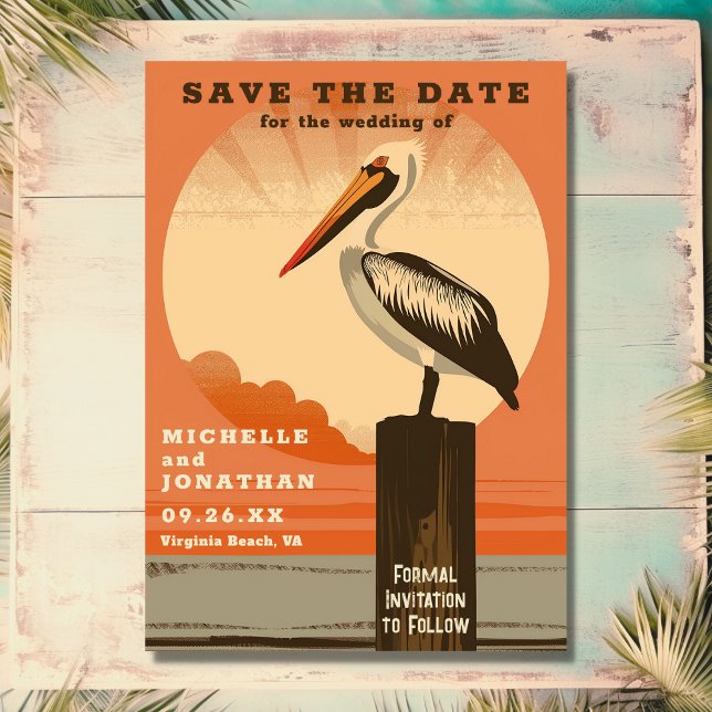 Save The Date Mariage moderne Retro Pelican Beach (Front - Modern Retro Pelican Beach Wedding Save The Date)