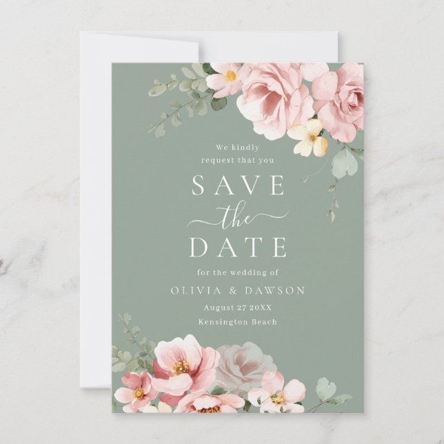 Save The Date Mariage Moderne Rose Pâle & Vert Sauge (Devant)
