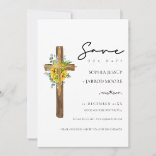 Save The Date Mariage moderne Rustique Floral Wood Cross