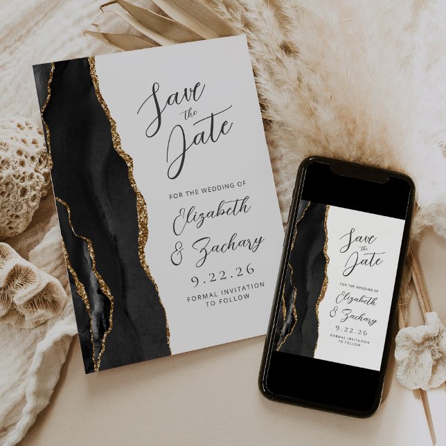 Save The Date Mariage Moderne Script Or Noir Agate (Créateur téléchargé)