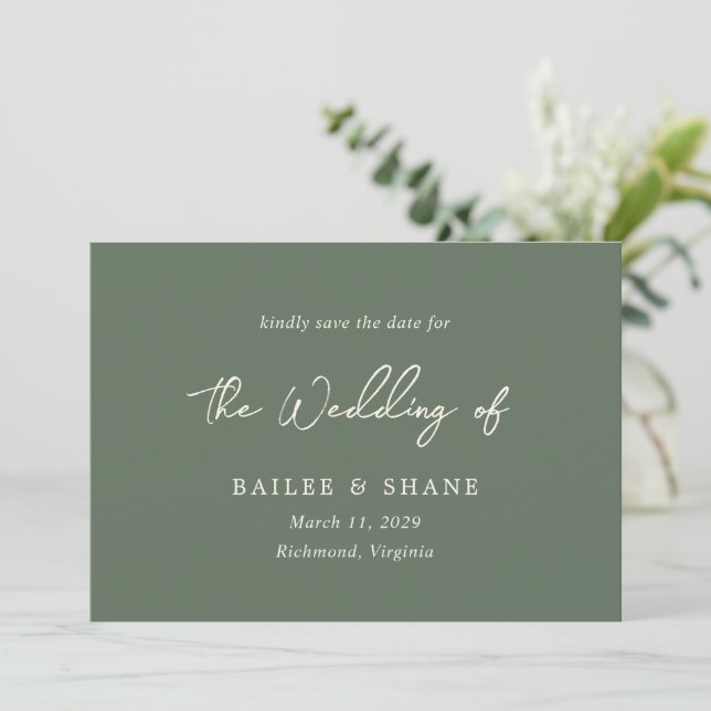 Save The Date Mariage Moderne Simple Vert Olive (Debout devant)