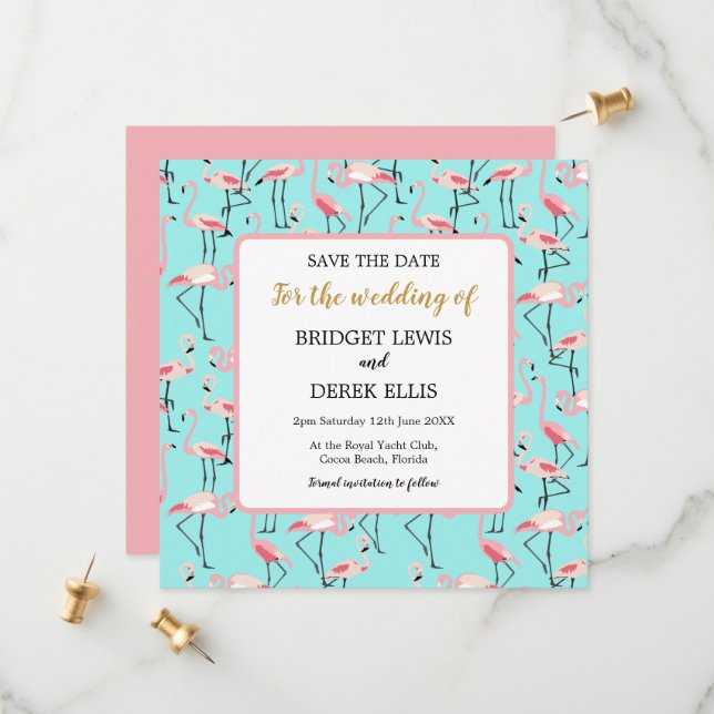 Save The Date Mariage moderne sur la plage rose flamant bleu (Devant/Arrière en situation)