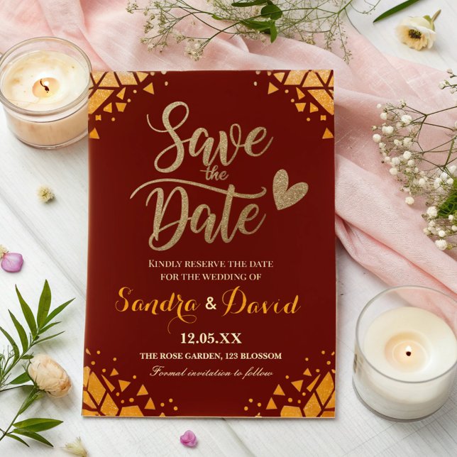 Save The Date Mariage Moderne Tendance Paillettes Or Bourgogne É (Créateur téléchargé)