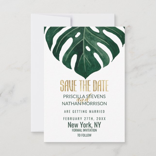 Save The Date Mariage moderne Tropical Suisse feuille d'or au fr (Devant)