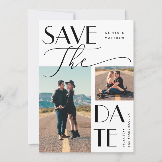 Save The Date Mariage Moderne | Typographie Gras Multi Photo (Devant)