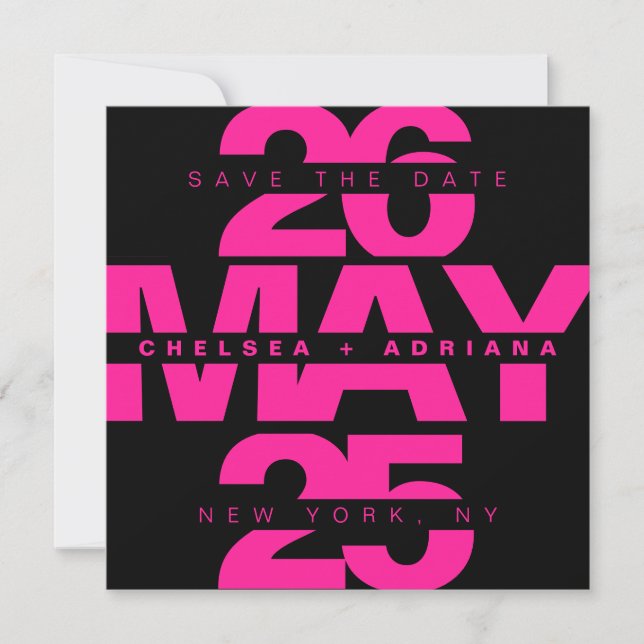 Save The Date Mariage Moderne Typographie Gras Rose Noir (Devant)