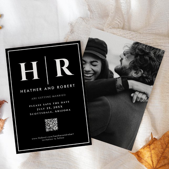 Save The Date Mariage Monogram Black Chic Simple Moderne QR Code (Créateur téléchargé)