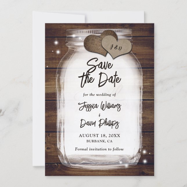 Save The Date Mariage Monogramme avec coeurs de jute en pots de  (Devant)