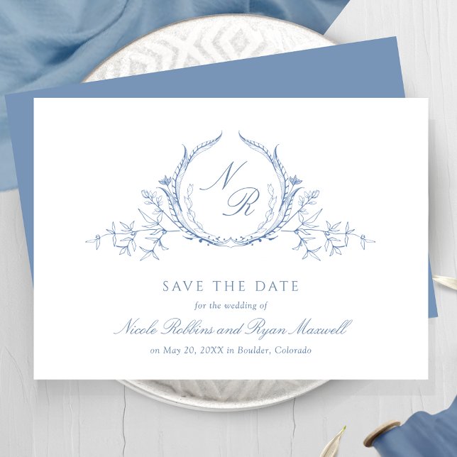 Save The Date Mariage Monogramme Bleu Dusty Classique, Élégant (Créateur téléchargé)
