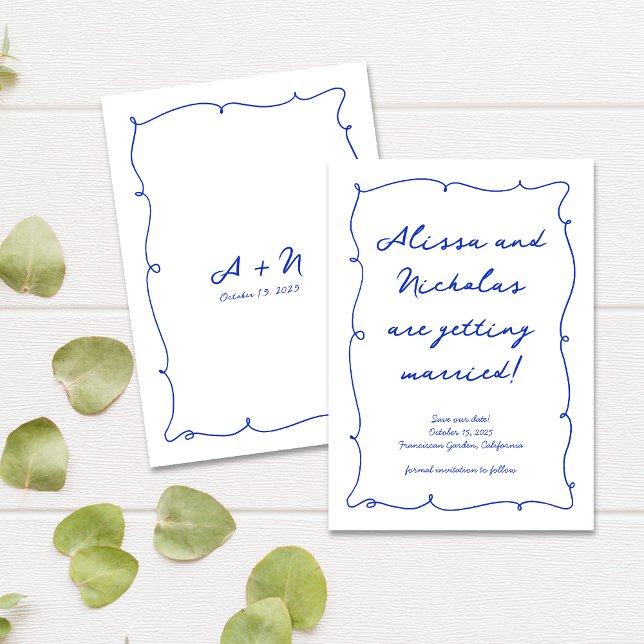 Save The Date Mariage Monogramme bleu vif tiré à la main moderne (Créateur téléchargé)