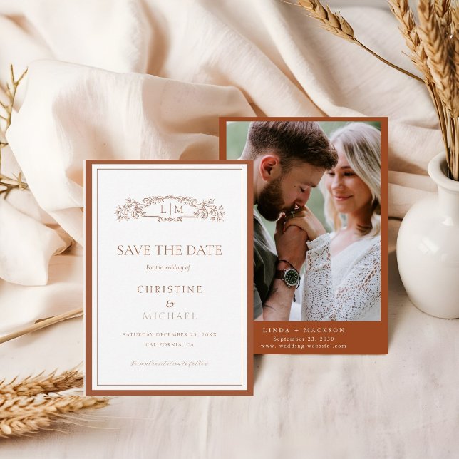 Save The Date Mariage monogramme chic en terre cuite botanique c (Créateur téléchargé)