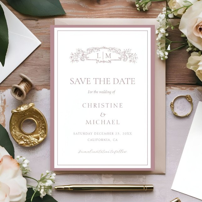Save The Date Mariage monogramme de la crête botanique Mauve & T (Créateur téléchargé)