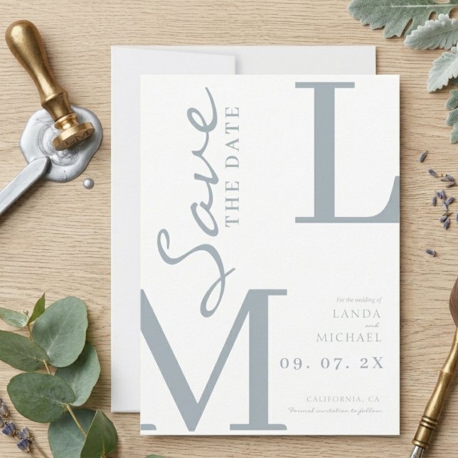 Save The Date Mariage monogramme élégant bleu poussiéreux (Créateur téléchargé)