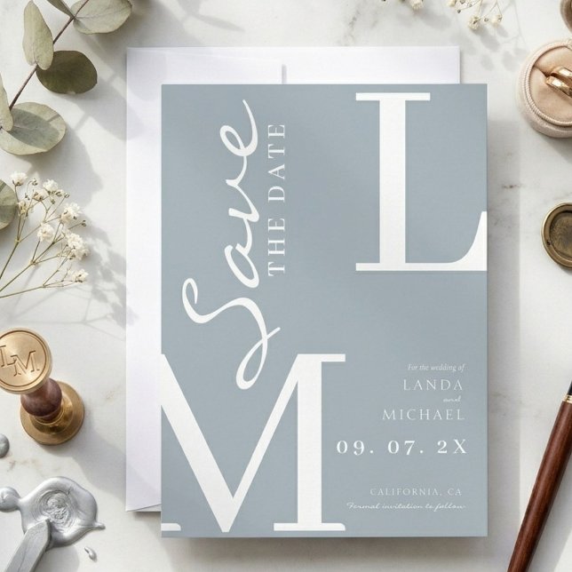Save The Date Mariage monogramme élégant bleu poussiéreux orange (Créateur téléchargé)