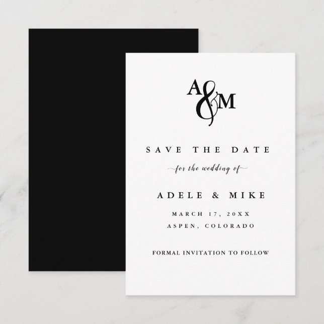 Save The Date Mariage Monogramme Moderne Noir & Blanc (Devant / Derrière)