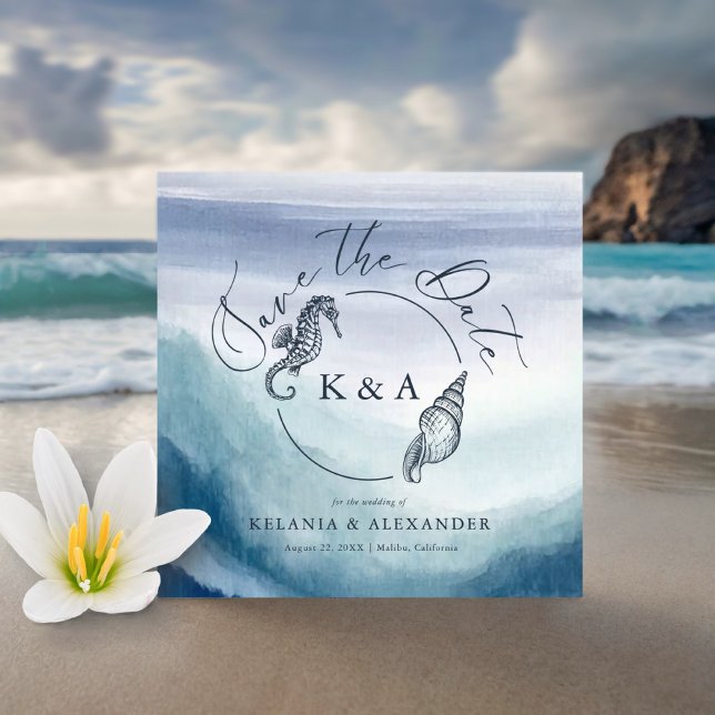 Save The Date MARIAGE Monogramme nautique Vagues océaniques (Créateur téléchargé)