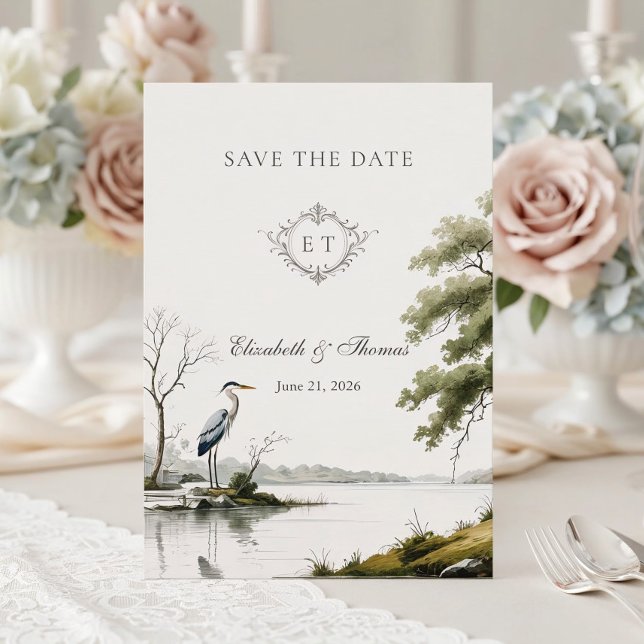 Save The Date Mariage Monogramme Toile de Héron Campagne Françai (Créateur téléchargé)