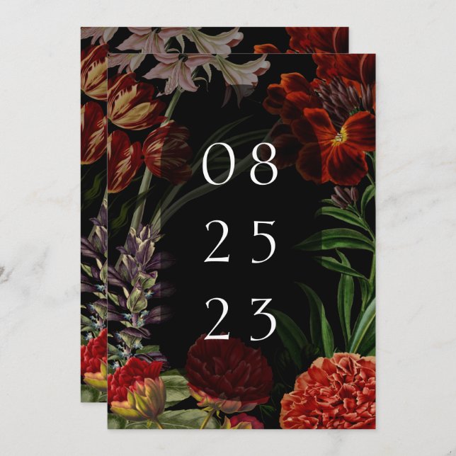 Save The Date Mariage Moody Floral foncé (Devant / Derrière)