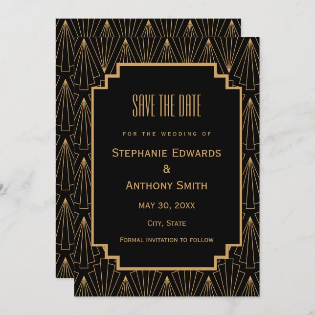 Save The Date Mariage Motif Gold et Black Art Déco (Devant / Derrière)