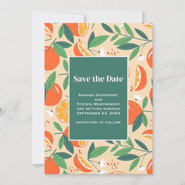 Save The Date Mariage Motif rétro de fruits d'agrumes orange (Devant)