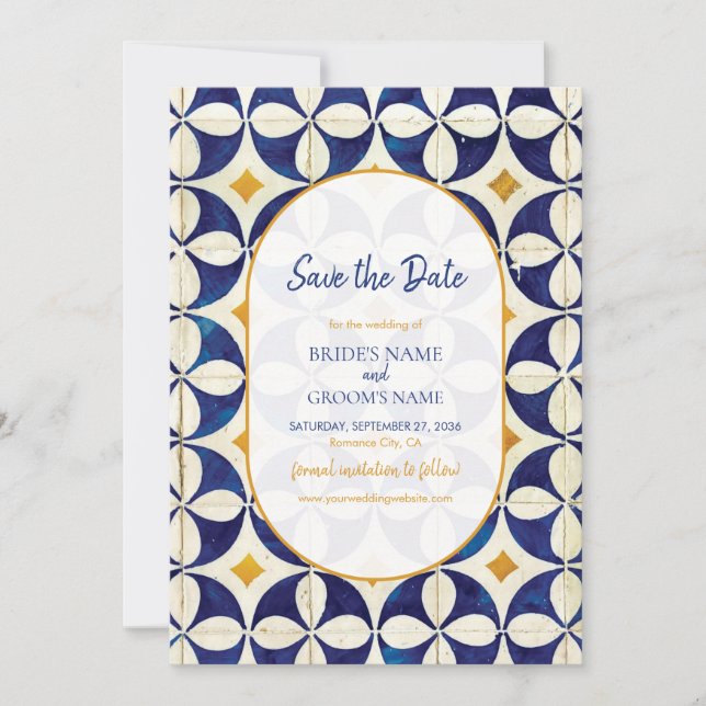Save The Date Mariage Motif vintage bleu et jaune portugais (Devant)